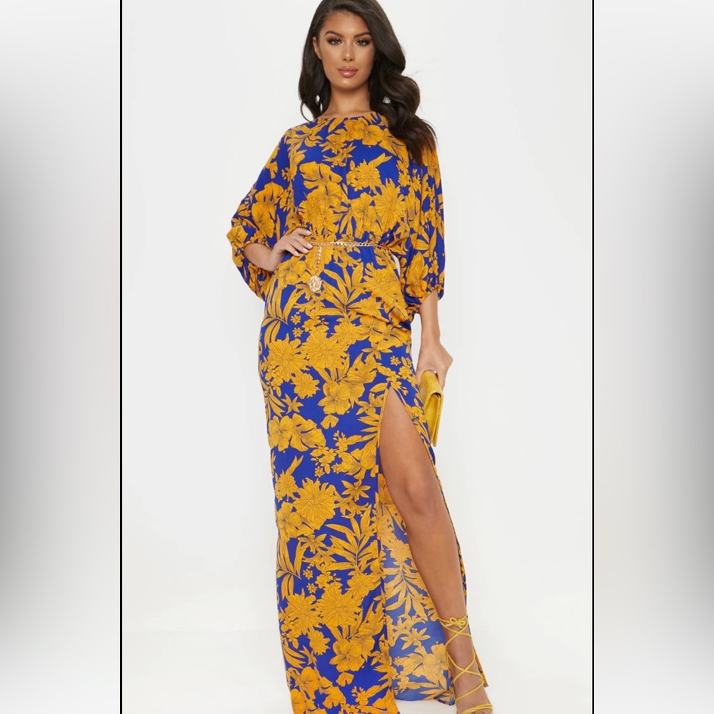 Cobalt Tropical Print Batwing Sleeve Split Leg
Maxi Dress